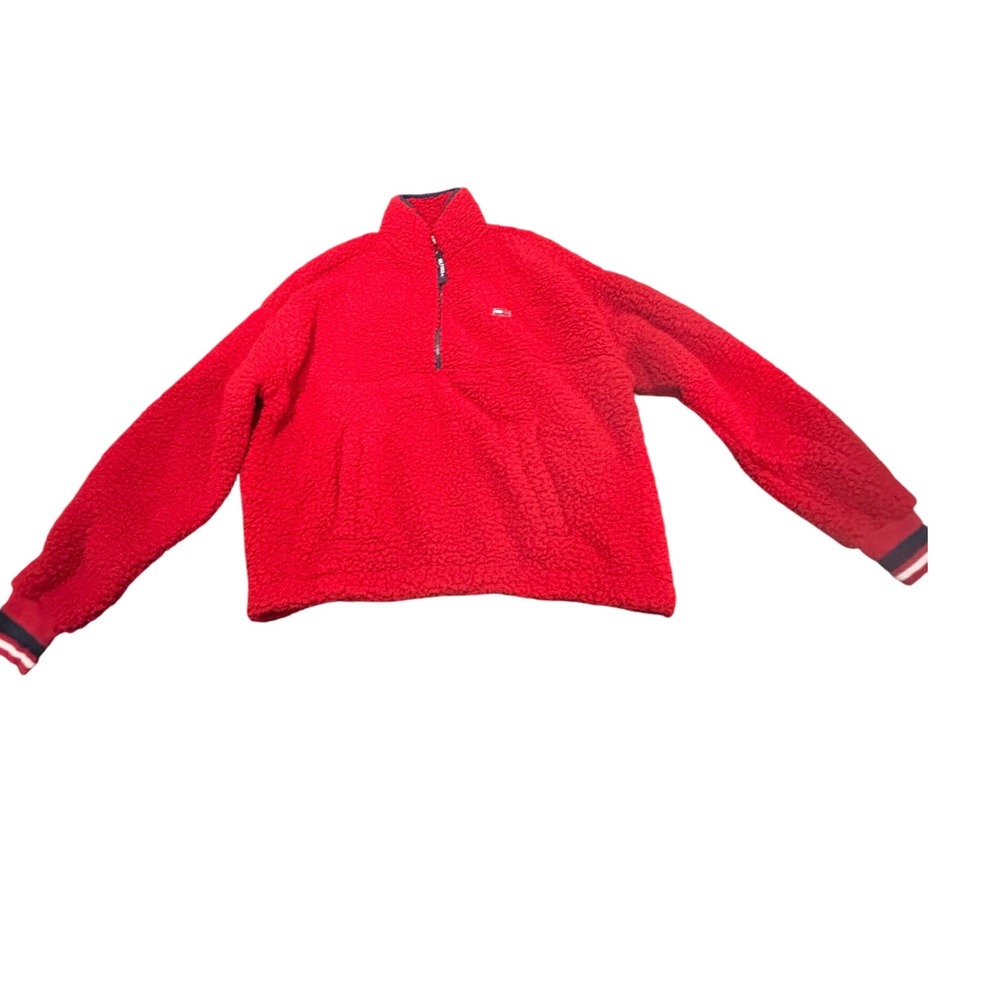 Tommy Hilfiger Red Fleece Quarter Zip Pullover Women's Soft Cozy Sweatshirt
